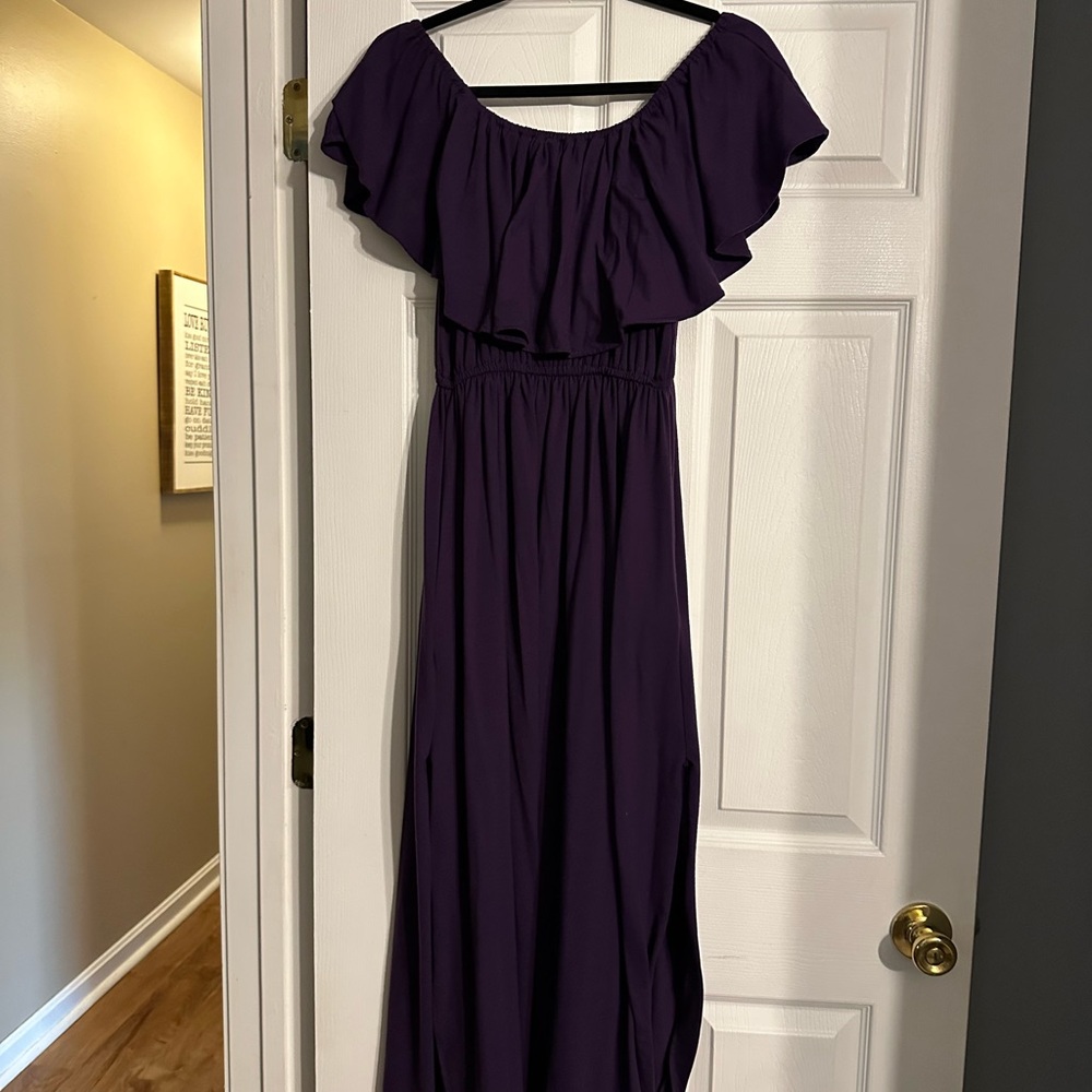Purple Off-Shoulder Ruffle, Maxi Dress